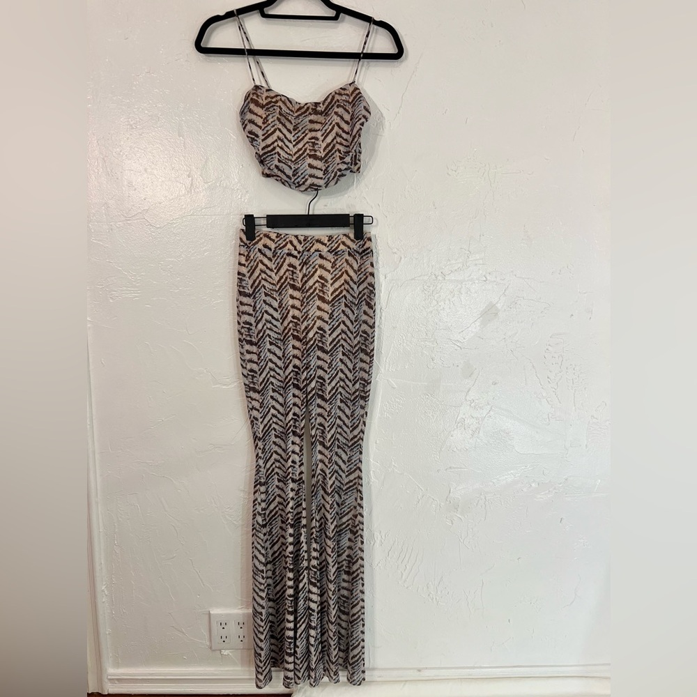 Windsor Matching Outfit Coordinated Crop Top & Bell Bottom Flair Mesh Pants